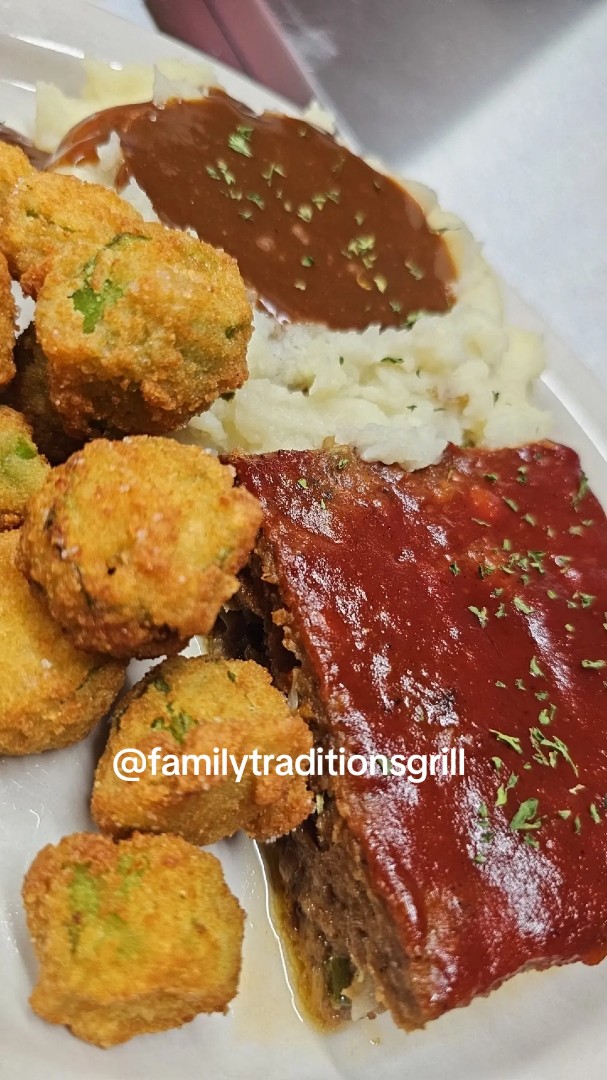 Meatloaf with mashed potatoes, brown gravy and fried okra