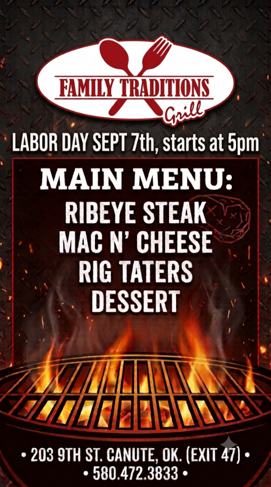 Labor Day special September 7th starting at 5 PM — ribeye steak, mac n' cheese, rig taters and dessert